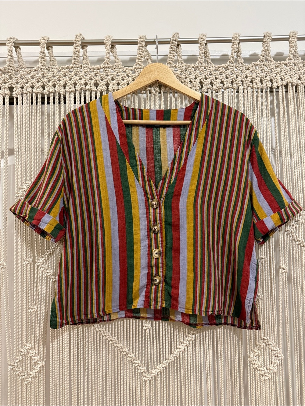 Nasty Gal Collection Striped Cropped Button-Front Short Sleeve V-Neck Top